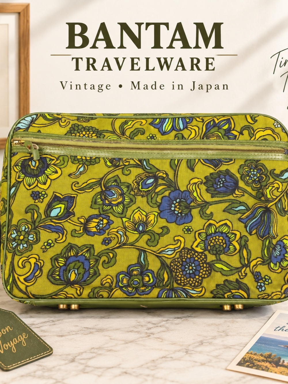 Vintage Bantam Travelware Floral Suitcase 60s 70s Mod Flower Power Prop Green
